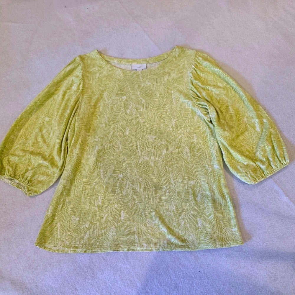 J. Jill Lime Green Chevron Linen Blend Puff Sleeve Knit Top Womens Small